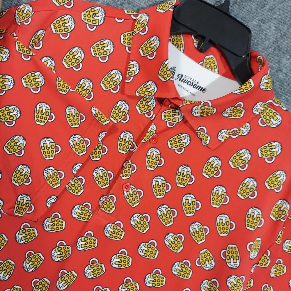 Royal & Awesome Shirt Mens Large Red Beer Mug Print Golf Polo Short Sleeve Party